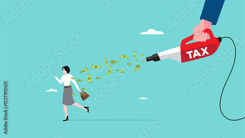 tax burden, increased corporate tax burden, burden of the company income tax, fearful businesswoman run away with dollars scattered and sucked up by a tax vacuum cleaner