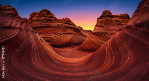 Stunning view of the wave at sunset with layered sandstone formations in the desert