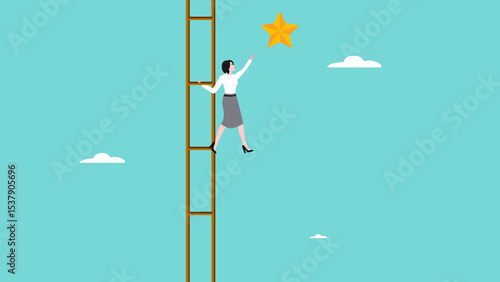 success ladder to reach goal and target, climb up ladder to get new hope, journey to achieve hope of success in business, hope of career development progress, woman climb ladder to get gold star
