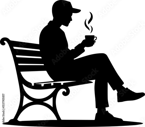 Silhouette of a person sitting on a bench holding a cup with steam on a white background