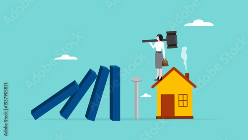 home insurance, guarantee to protect the house from damage or loss of contents and structure, woman homeowner drives in concrete nails to protect the house from the beam that will hit it