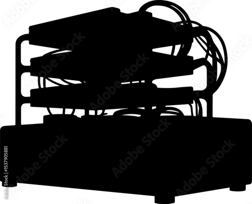 Silhouette of a server rack with multiple servers and cables in a dark solid color, bitcoin mining machine