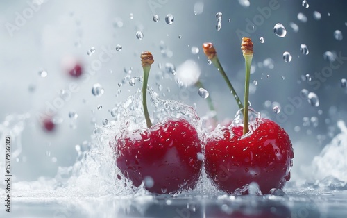 fresh red cherries with water drops on dark background close-up