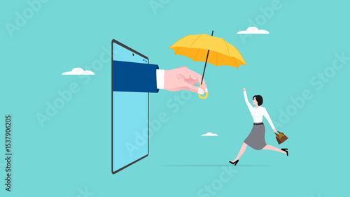 online insurance, buy insurance online on the internet, happy woman receives umbrella from big businessman hand which comes out via smart phone
