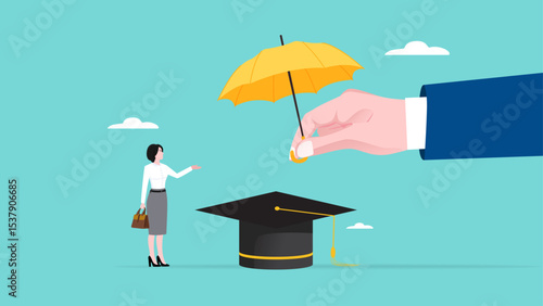 child education insurance, guarantee for reduced education costs in future, education insurance for success, big businesswoman hand protect the graduation cap and its owner from financial difficulties