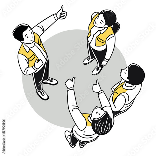 Diverse line art team looks up giving thumbs up against a gray backdrop