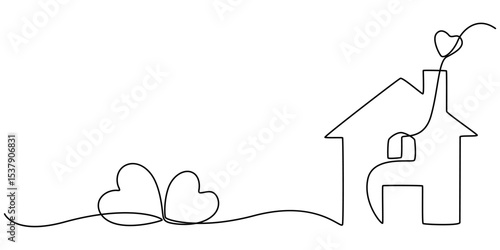 Home Sweet Home Continuous Line Icon, Minimalistic One Line Drawing of House within Heart Shape Symbolizing Home Love. eps 10, Heart inside a house drawn with one continuous line. The concept of love.
