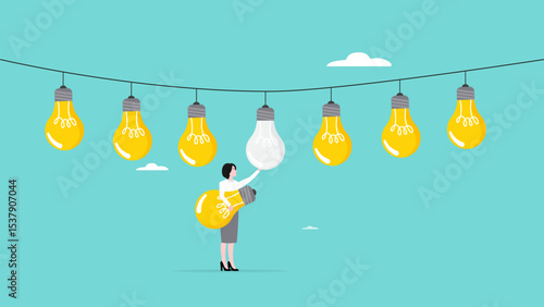different ideas or strategies to achieve success, success in finding profitable business opportunities, Smart business woman chooses a light bulb that is on from several that are off