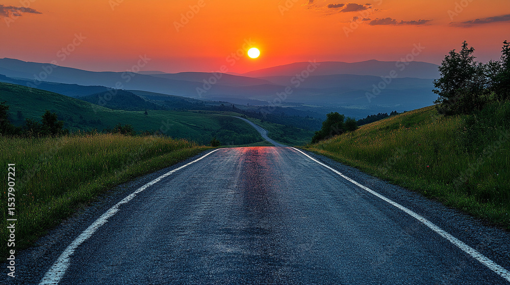 Naklejka premium A winding path cuts through lush green hills under a glowing sunset sky—symbolizing journey, peace, freedom, and the natural beauty of evening light over a serene landscape.