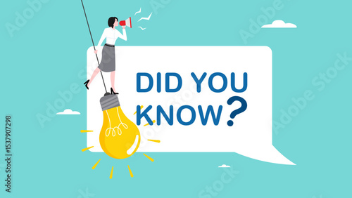 did you know concept, fun fact, expert information, explanation or solution, idea or advice message, useful knowledge or wisdom, useful tip, woman talk on megaphone on did you know speech bubble