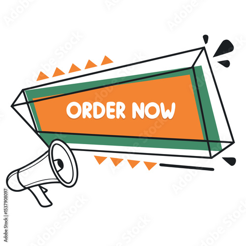 Retro megaphone announces Order Now in an orange, green and black outlined geometric speech bubble