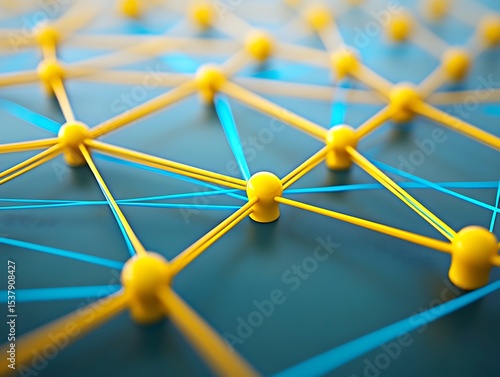 Detailed Network Grids of Yellow Nodes Intersecting Bright Blue Lines