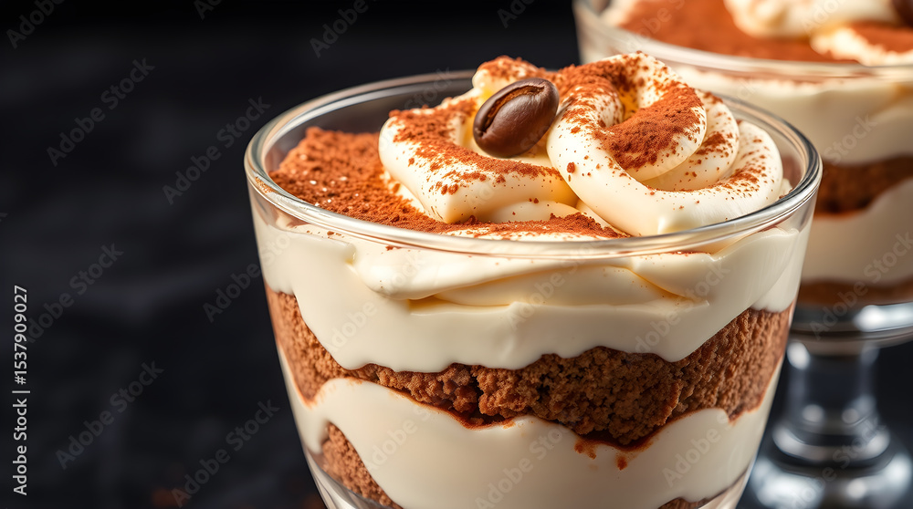 Creamy tiramisu dessert is topped with cocoa powder and coffee bean Creamy tiramisu dessert is topped with cocoa powder and coffee bean
