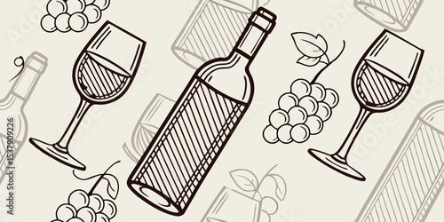 Premium wine bottle and glasses in seamless vector pattern design  