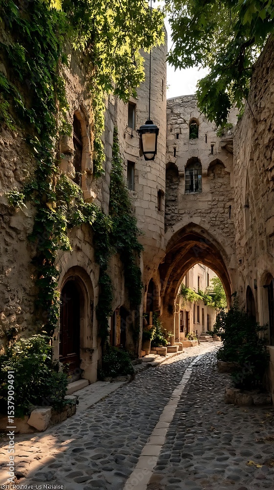 Obraz premium Stone Alleyway Vista: Cobblestone Path Through Medieval Architecture, Illuminated by Natural Light and Greenery, Creating a Timeless Scene.