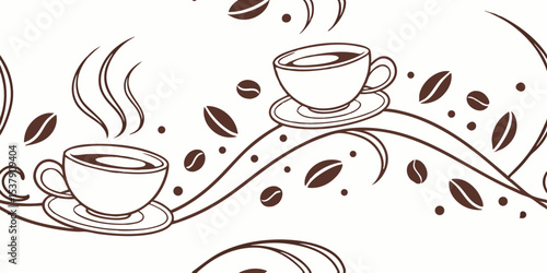 Seamless vector pattern with cappuccino mugs and coffee beans  