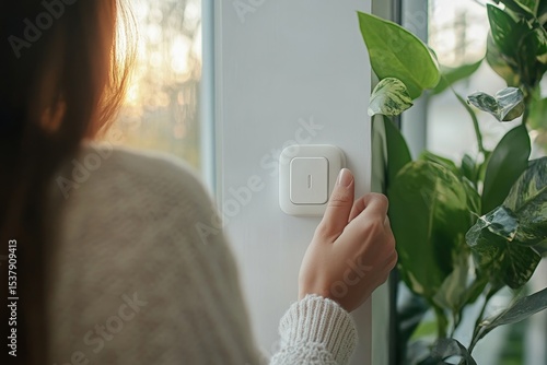 Save energy concept: Person turning off an electrical light switch on the wall before leaving the house, promoting security and saving electricity., Generative AI