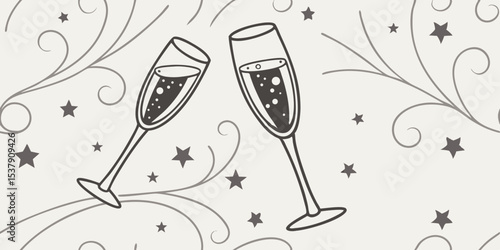 Champagne flutes with bubbles and decorative swirls in seamless vector pattern  
