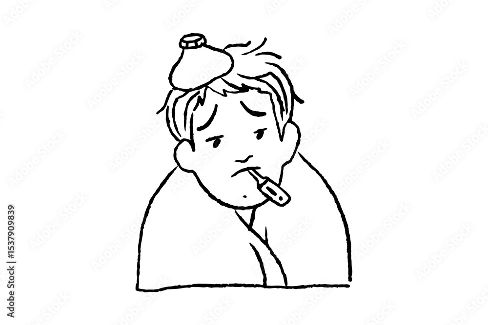 A man has a fever set on white background. Sketch of boy has a cold on white board. Illustration of a man is not feeling well A man has a fever set on white background. Sketch of boy has a cold on white board. Illustration of a man is not feeling well