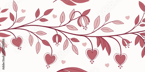 Romantic floral seamless vector pattern with hearts and leaves  
