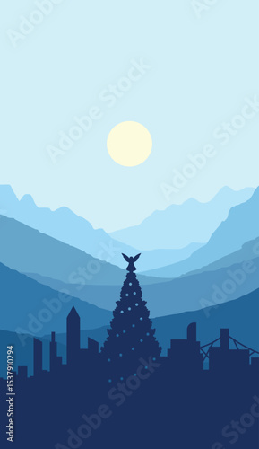 flat vector mountain scenery with simple vertical christmas silhouette background