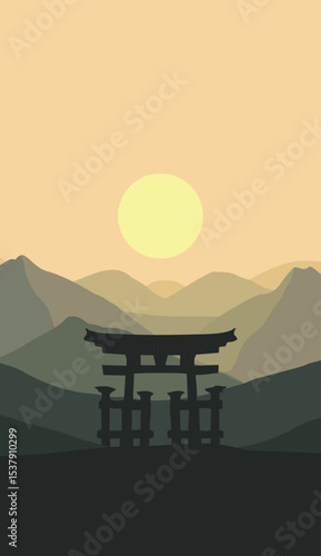 flat vector mountain scenery with simple vertical chinese gate silhouette background