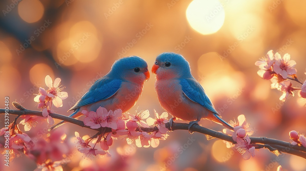 Loving Parrots in Blossom Sunset Loving Parrots in Blossom Sunset