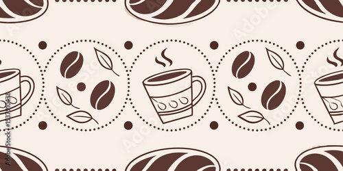 Coffee cup and beans seamless vector pattern on light background