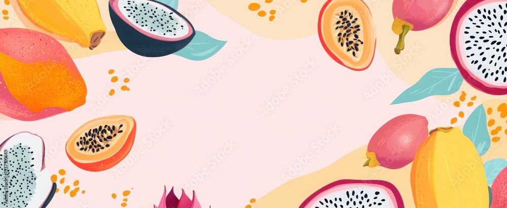 Fototapeta premium tropical fruit set papaya dragon fruit passion fruit coconut seamless pattern