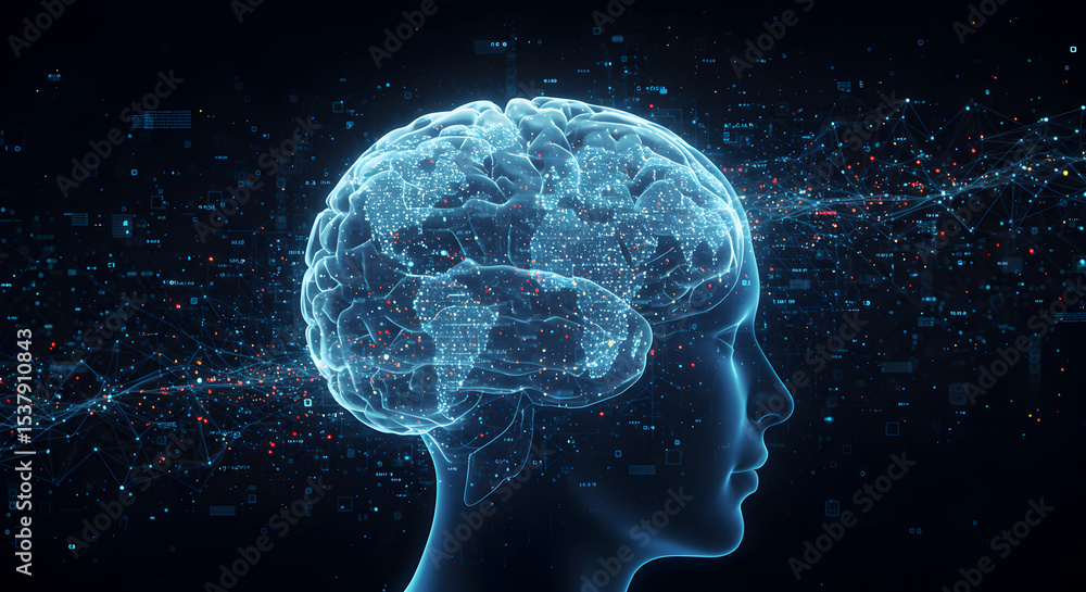 Obraz premium Digital Brain Illustration: Futuristic depiction of the human mind and data networks