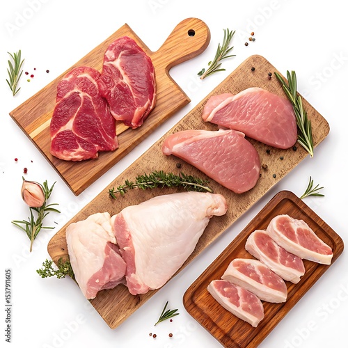 Assortment of raw meat cuts on wooden boards isolated on white background