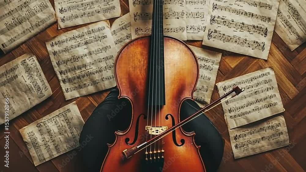 Elegant antique violin with bow, a classic wood string instrument isolated on a black background, perfect for classical music and orchestra themes