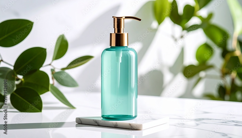 Close up of teal pump bottle with clear liquid on marble Close up of teal pump bottle with clear liquid on marble