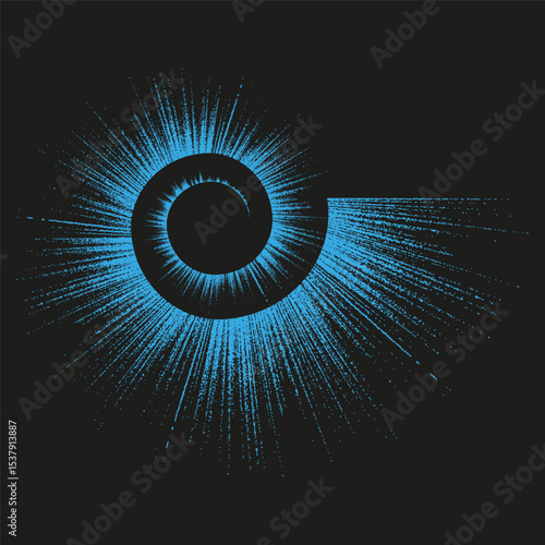 Radiant spiral vector. Blue light burst. Swirling glow shape. Dark abstract background.
