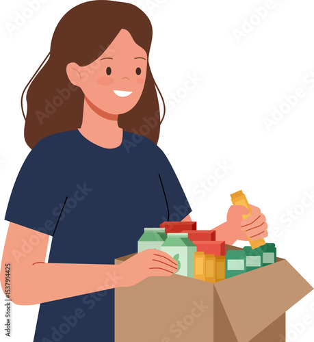 Woman volunteer packing food donation box. Humanitarian aid concept. Supporting vulnerable in society. Charity and help. Stock flat illustration for web page or apps.