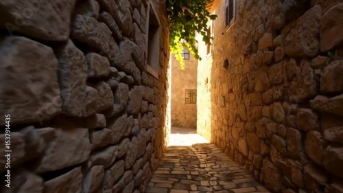 Narrow European stone alley with soft golden light hitting textured walls, empty path leading into distance, subtle movement