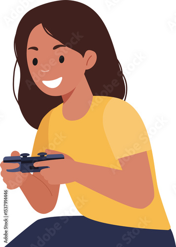 Young woman enthusiastically playing video game with console controller. Casual female gamer enjoying leisure time. Illustration for entertainment and technology concepts.