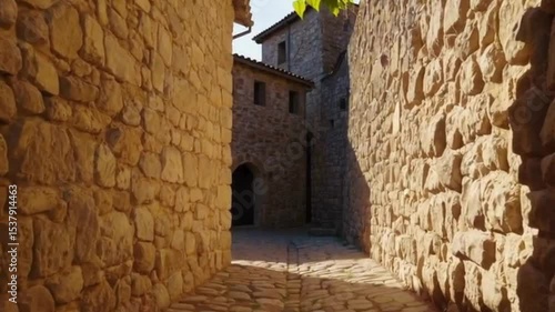 Narrow European stone alley with soft golden light hitting textured walls, empty path leading into distance, subtle movement