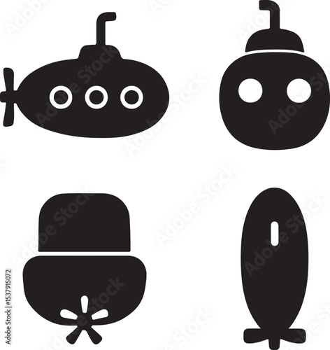 submarine silhouette icons set side, front, back, and top views vector art illustration