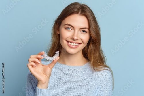 smiling woman hold in hand transparent aligners, dental braces