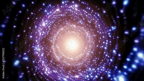 Spinning tunnel of light and particles in deep space, soft glowing center, motion draws viewer inward