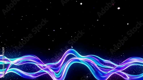 Slow waves of glowing plasma and particles flowing horizontally across dark space background, subtle movement, futuristic feel