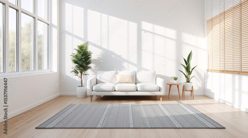 Fototapeta premium Minimalist Living Room with a White Sofa, Rug, and Indoor Plant