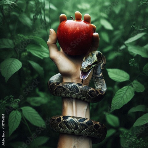 Enticing Red Apple Held in Hand with Two Snakes Lush Green Foliage Background
