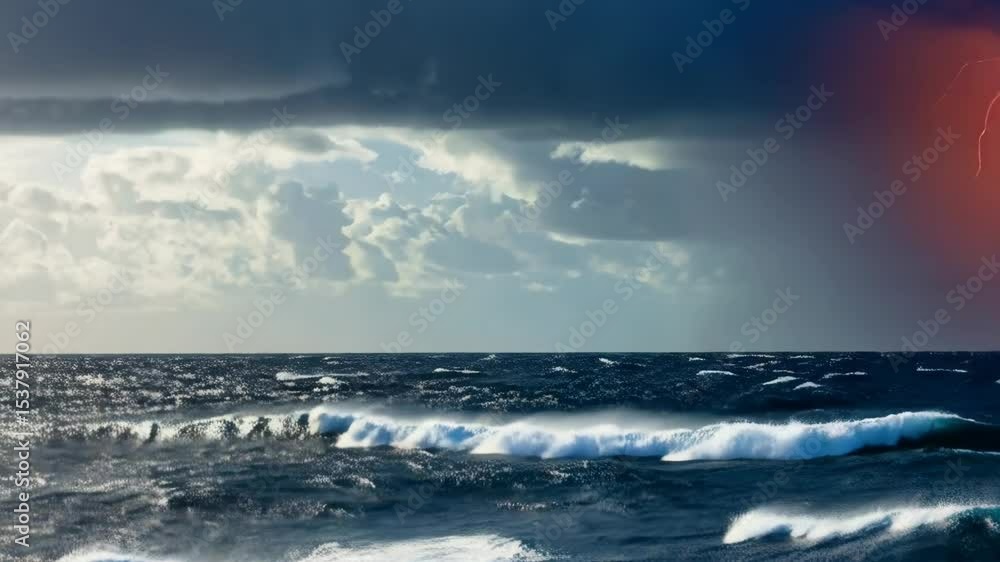 Dramatic seascape with stormy sky, crashing waves, and bright flash of lightning during a powerful storm at sea Dramatic seascape with stormy sky, crashing waves, and bright flash of lightning during a powerful storm at sea