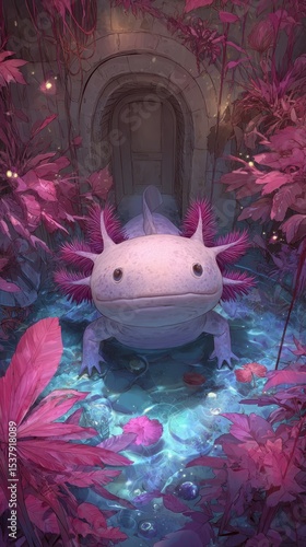 A whimsical creature in a fantastical, vibrant environment.