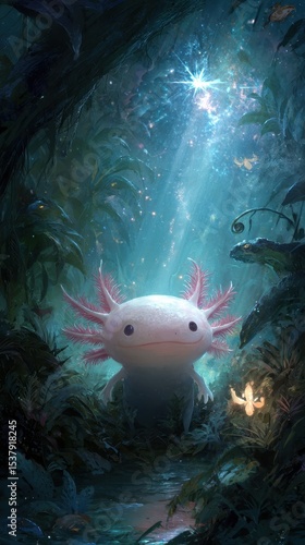 A serene, whimsical axolotl nestled in a mystical forest.