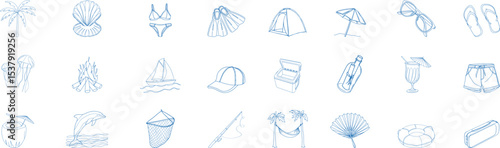 Hand-drawn summer vacation icon set in minimal line art style. Includes beach items, drinks, tent, palm trees, and sea elements. Perfect for travel graphics, posters, and holiday designs.