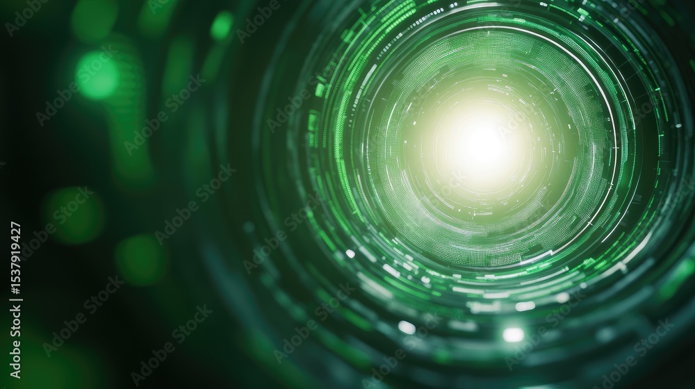 Obraz premium Abstract digital tunnel with concentric green rings leading to a bright center