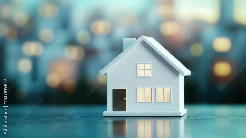 Miniature house model home real estate architecture building with illuminated windows reflecting cozy light reflective surface showcasing residential small house exterior facade and roof chimney Miniature house model home real estate architecture building with illuminated windows reflecting cozy light reflective surface showcasing residential small house exterior facade and roof chimney